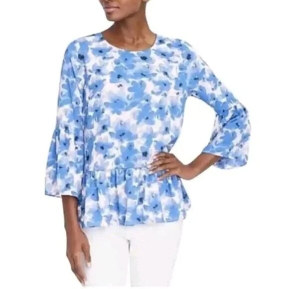 J. Crew Tops - J. Crew Blue White Floral Watercolor Peplum Top Blouse